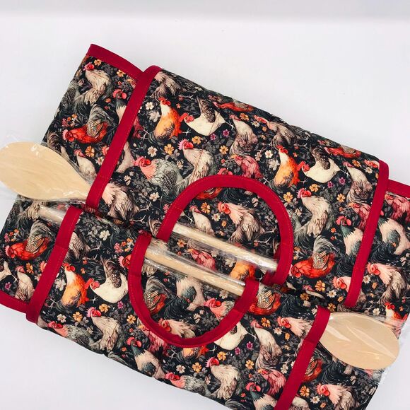 Casserole Carrier w Wooden Spoons for 9x13 Pans and 8x8 Square Farmhouse Chicken - Picture 1 of 7